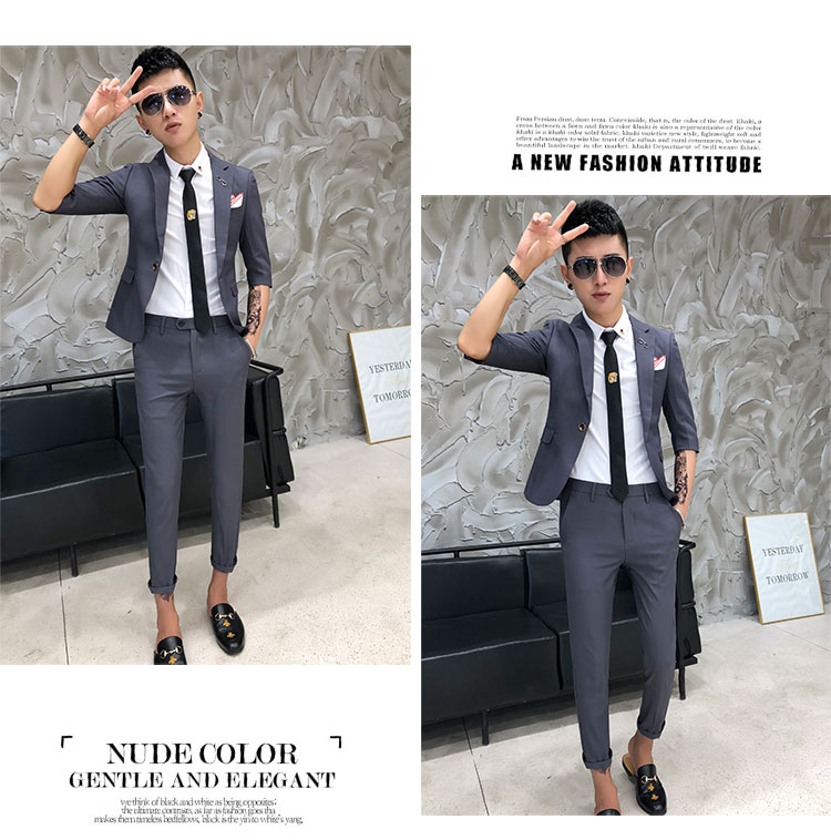 Hộp đêm Thợ cắt tóc tay áo phù hợp với người đẹp trai Hàn Quốc tay áo mỏng tay áo nhỏ phù hợp với nam giới áo dài nam