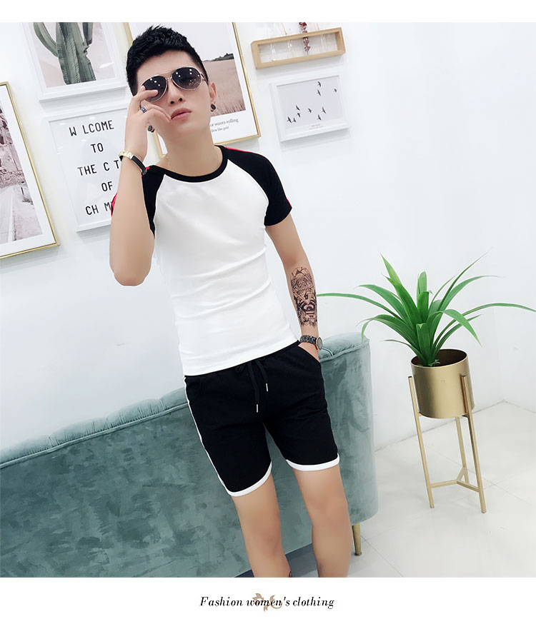 2018 mùa hè người đàn ông mới của mỏng thời trang quần short ngắn tay t-shirt hai mảnh Hàn Quốc thể thao giản dị phù hợp với thủy triều