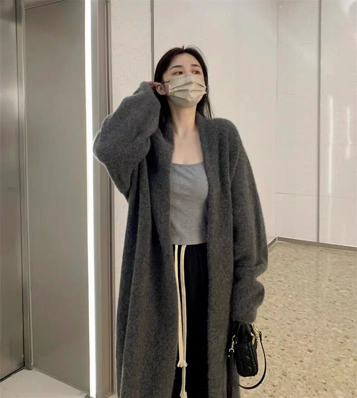 Gray Mid-Length Over-The-Knee Sweater Coat for Women, Spring, Autumn and Winter, Lazy Style, Thickened, Versatile Knitted Cardigan Coat