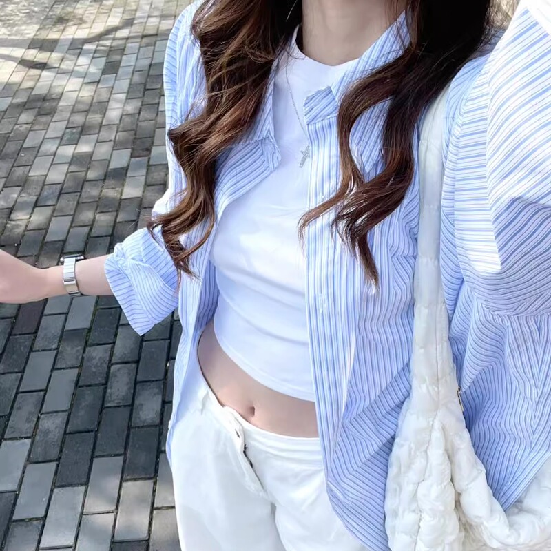 Blue French Striped Shirt Jacket for Women, Spring 2026 New Design, Niche Korean Chic Loose Top