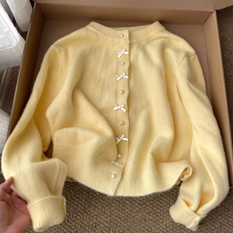 Super Pretty, Gentle and Unique Top with a Three-Dimensional Bow, Creamy Yellow Knitted Cardigan for Women, Early Spring Outfit Sweater Jacket