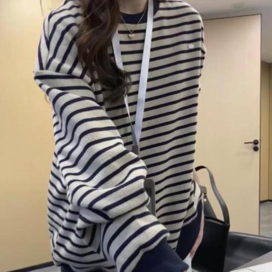 American-Style Oversized Striped Crew Neck Sweatshirt for Women, New Popular Loose Casual Knit Sweater Top for Spring, Autumn and Winter American-Style Oversized Striped Crew Neck Sweatshirt for Women, New Popular Loose Casual Knit Sweater Top for Spring, Autumn and Winter