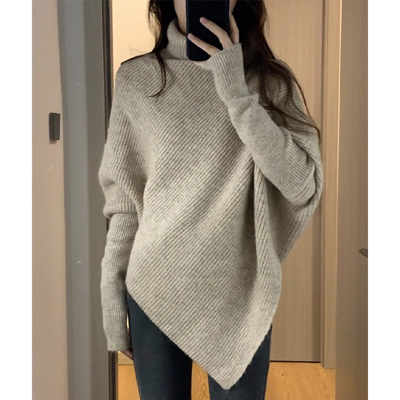ハイカラーの不規則なニッチデザインのセーターの女性の秋と冬の韓国語バージョン、ゆったりとした怠惰なスタイルの柔らかいもちもちニットトップの厚みのある