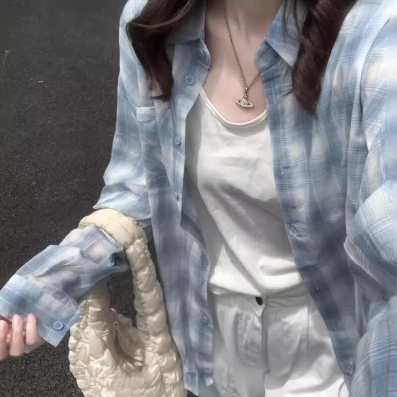 Korean Style Pure Cotton Plaid Sun Protection Shirt for Women, Spring and Summer New Style, Loose and Lazy Style Long-Sleeved Shirt Jacket, Casual Top