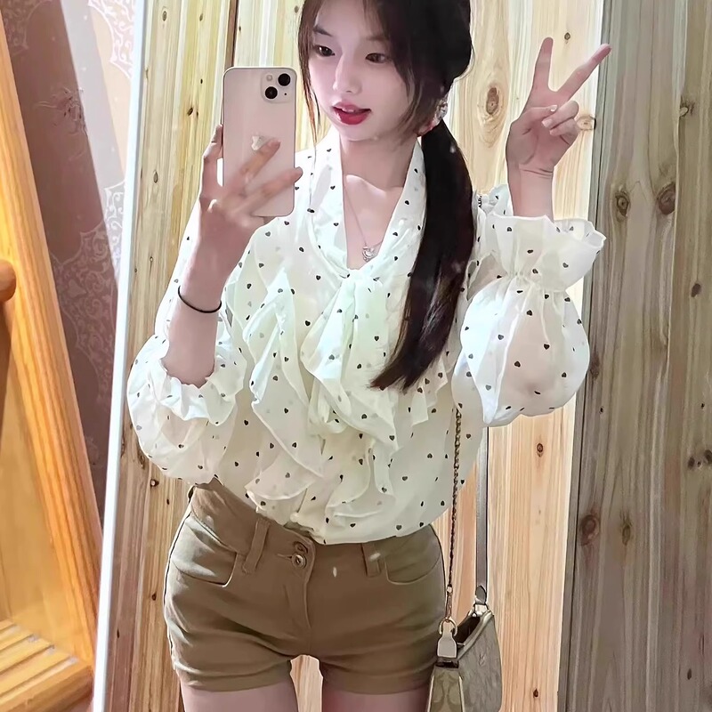 French-Style Ruffled Polka Dot Shirt for Women, Spring 2026, High-End, Unique, Chic, Long-Sleeved, Super Pretty, Elegant Top