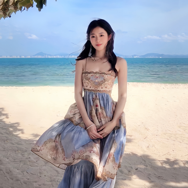 French-Style Heavy-Duty High-End Resort-Style Printed Spaghetti Strap Dress for Women, Summer Blue Long Dress, Seaside Beach Long Dress