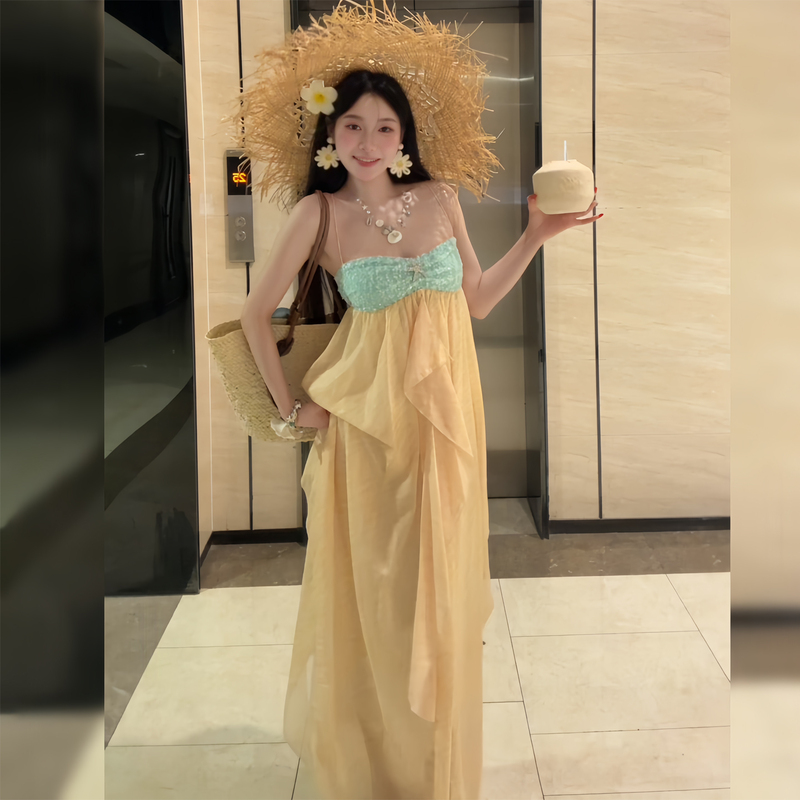Yellow Dopamine-Inspired Stunning Vacation-Style Spaghetti Strap Dress for Women, Irregular Long Dress with a Super Fairy-Like Design, Seaside Style