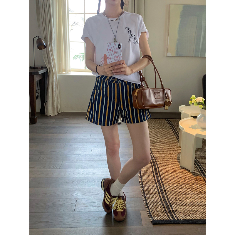 No Returns or Exchanges. "Capri Beach" Vintage French-Style Color-Block Striped Shorts High-Waisted Beach Shorts