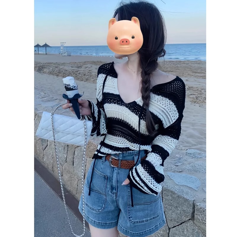 Bohemian Style Black and White Cut Out Stripesd Knitwear Air-Conditioning Shirt Blouse/Shorts 24 Count Imitation Linen Yarn