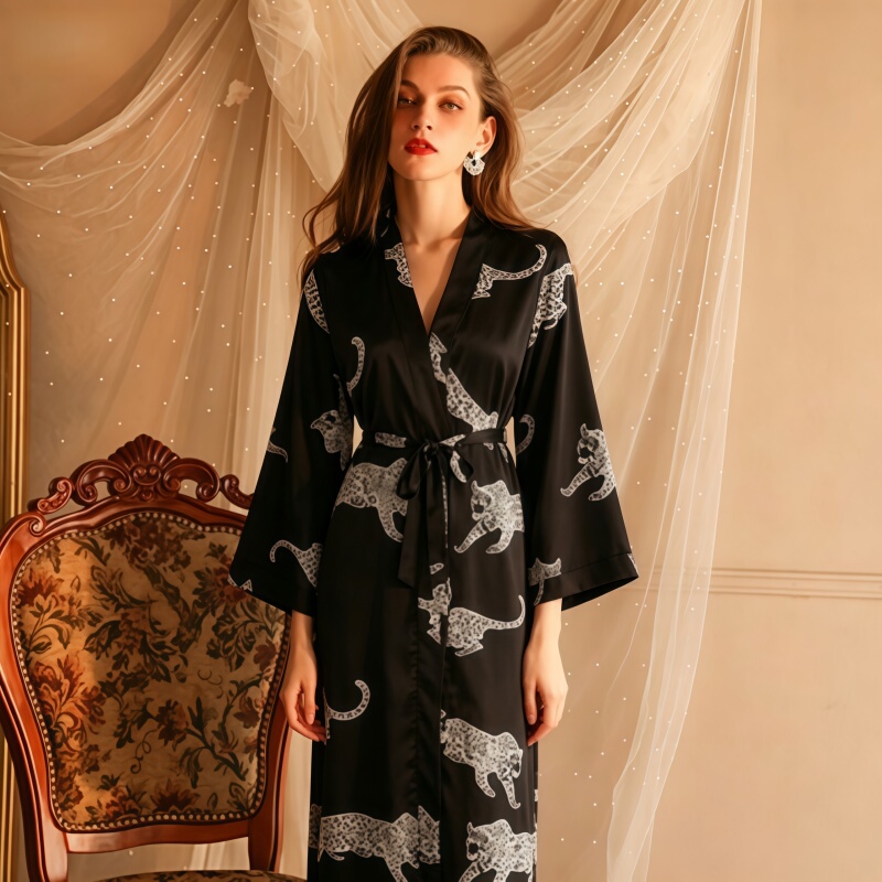Fuluola Home Wear [High-End Nightgown] New Sexy and Luxurious Long Satin Bathrobe with Long Sleeves and Tie