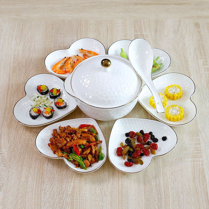 Bone China Moon Plate Bowl and Dish Set Tableware Serving Platter Home Use Platter Combination Ceramic Plate Gold Rim Heart Dinner Plate