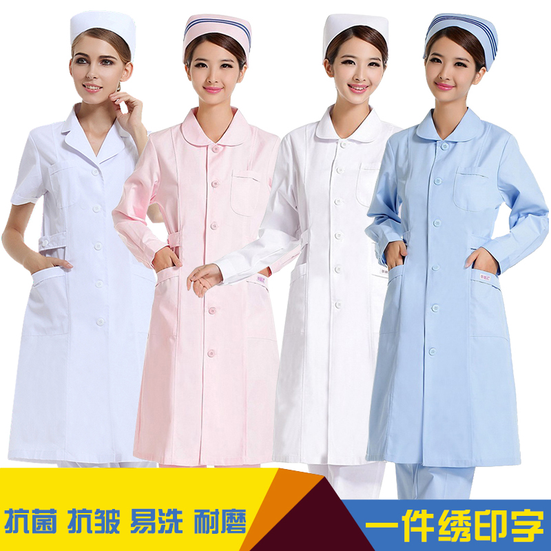 Nurse clothes long-sleeved women's spring and summer pink short-sleeved round neck blue-collar beauty salon work clothes can be customized white coat