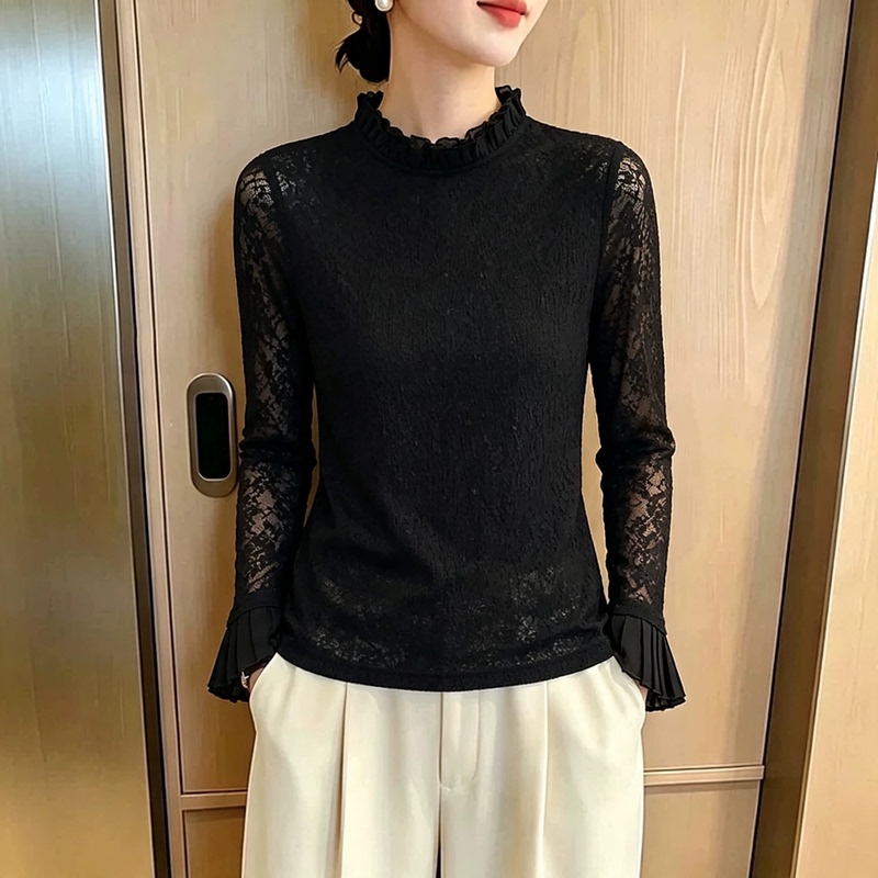 French-Style Lace High-Neck Shirt for Women, 2026 Autumn New Model, Age-Reducing, Slimming, High-End, Elegant Base Shirt Top