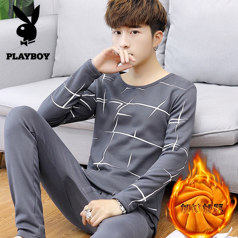 Playboy autumn and winter men's thermal underwear men's thickening and velvet youth round neck underwear set autumn clothes sanitary pants set