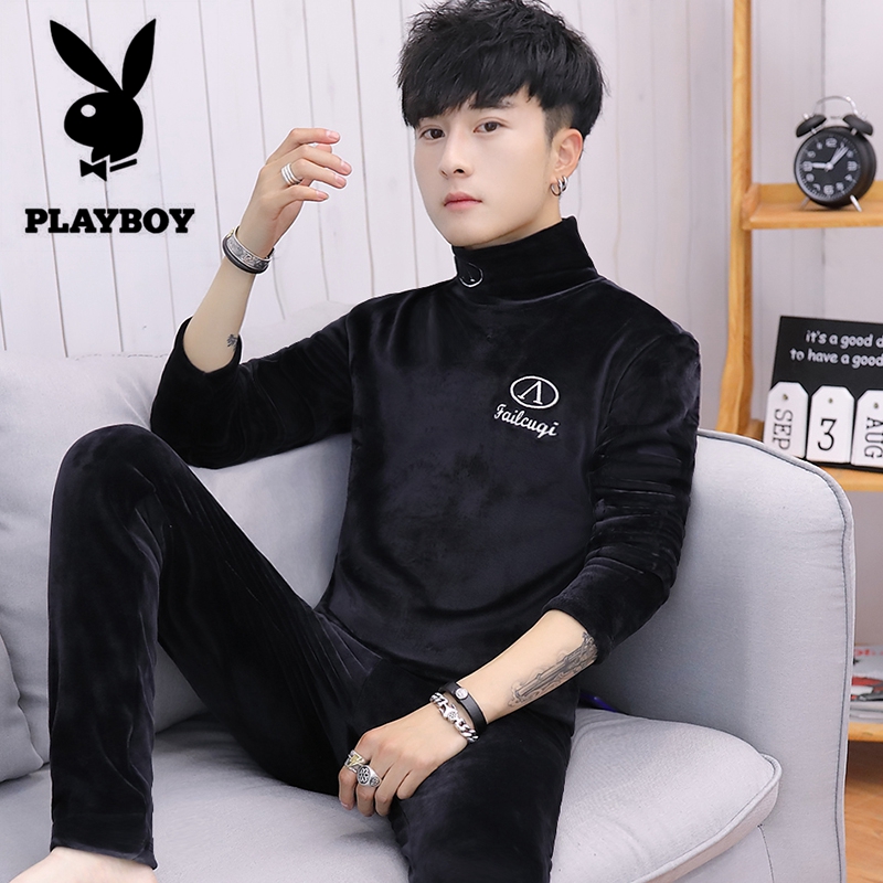 Playboy mùa đông ấm áp mens đồ lót phù hợp cộng với nhung tuổi teen đáy nhung vàng cao cổ dày.