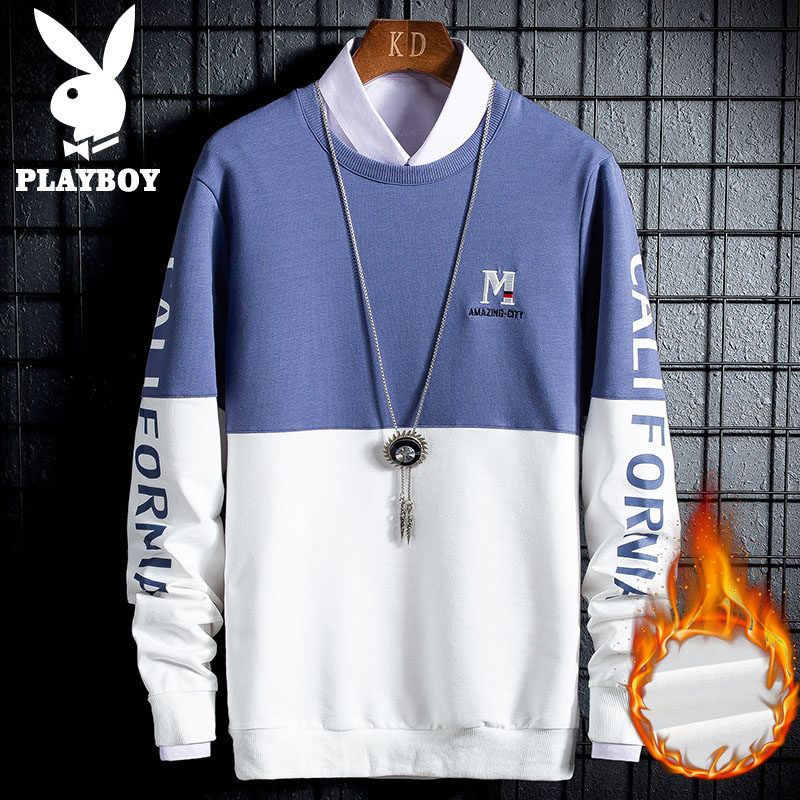 Playboy sweater men's winter plus velvet thick T-shirt men's fashion brand Korean version handsome casual boys autumn shirt