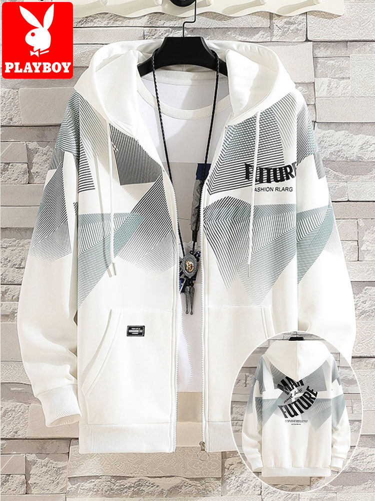 Playboy sweater coat men's spring and autumn 2021 new autumn clothing thickened tide ins hooded cardigan men's clothing