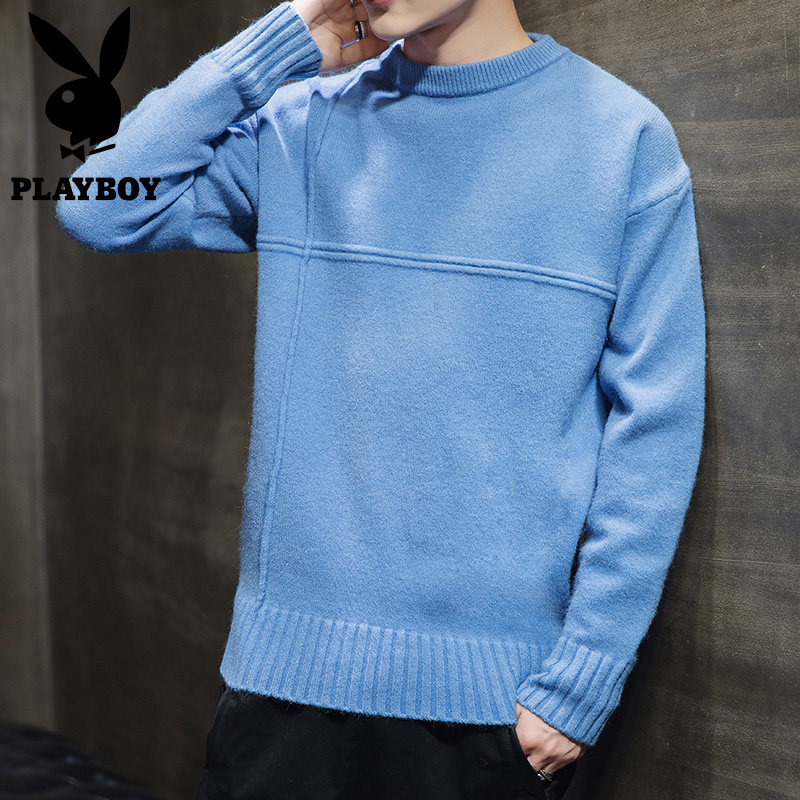 Playboy round neck sweater men's thickened and velvet winter knitted sweater off-shoulder loose trend Japanese style inner wear