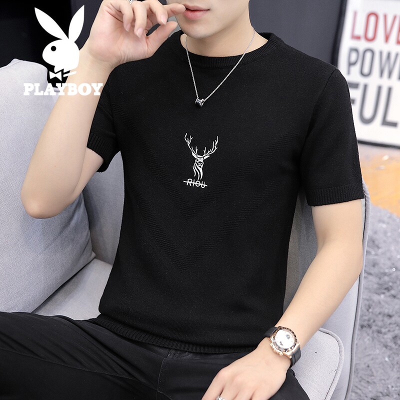 Playboy 2019 autumn new men's wool sweater short sleeve t-shirt trend half sleeve sweater base shirt