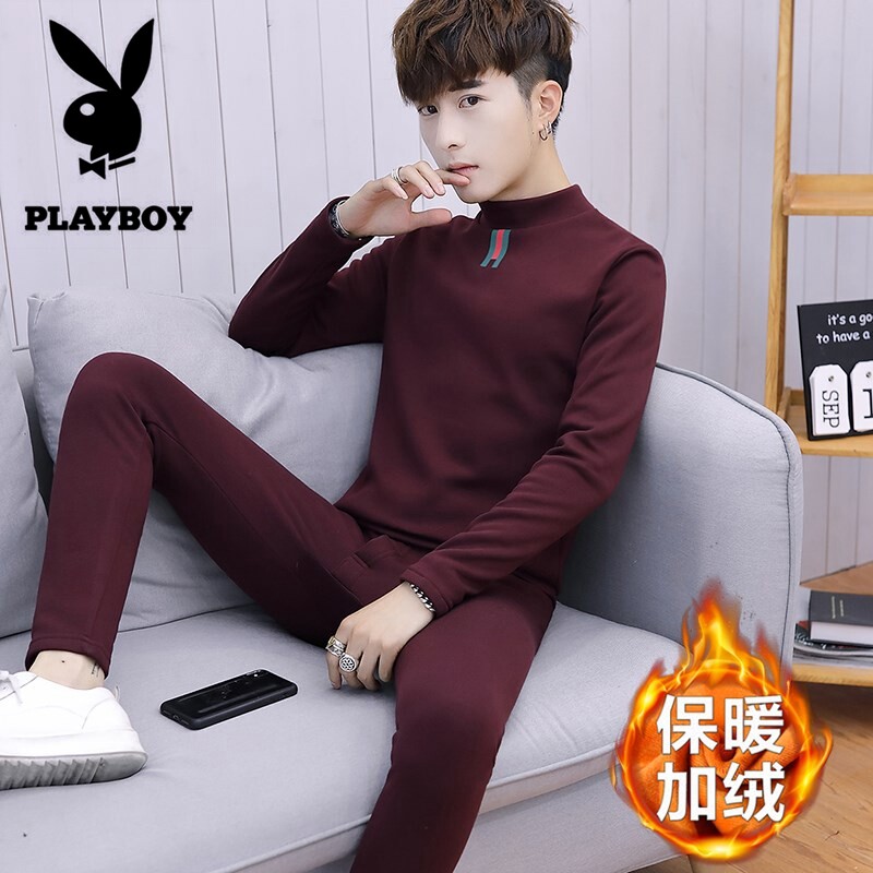 Playboy winter heating clothes plus velvet suit men's thickening autumn clothes sanitary pants youth slim bottoming shirt trend