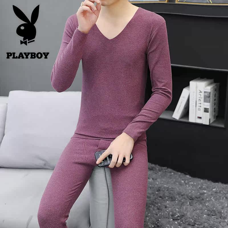 Playboy seamless underwear set men's autumn and winter bottoming warm solid color thin double-sided velvet long sleeve T-shirt
