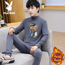 Playboy youth thermal underwear set plus velvet padded double-sided velvet middle collar embroidery bottoming clothing