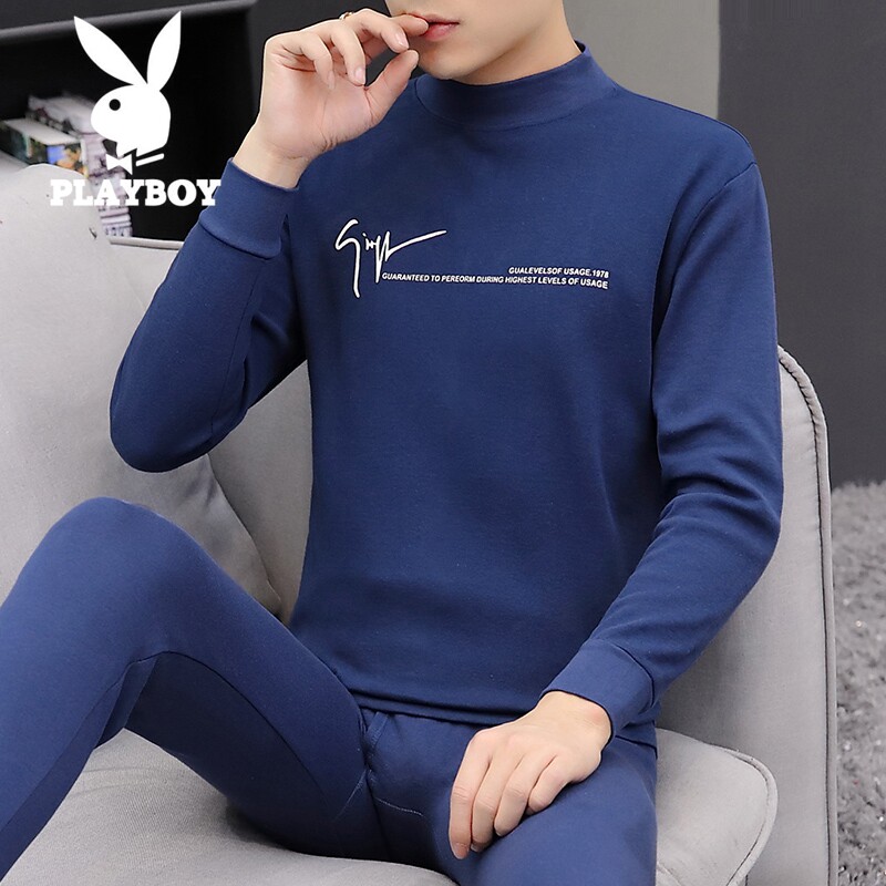Flowers Playboy men's half height collars sweatpants sanitary pants suit pure cotton middle collar autumn winter warm and thin underpants underwear