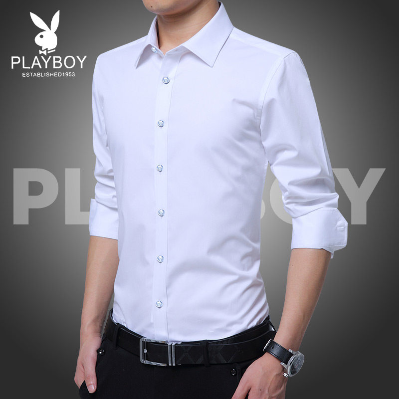 Playboy men's long-sleeved shirt autumn business casual iron-free shirt youth warm plus velvet slim-fit shirt