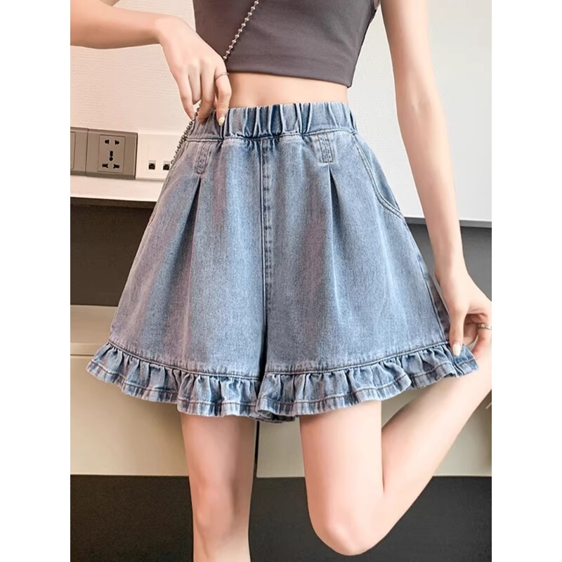 Vintage Ruffled Denim Shorts for Women, Summer Thin Elastic Waist, Petite High-Waisted Versatile A-Line Wide-Leg Hot Pants Vintage Ruffled Denim Shorts for Women, Summer Thin Elastic Waist, Petite High-Waisted Versatile A-Line Wide-Leg Hot Pants