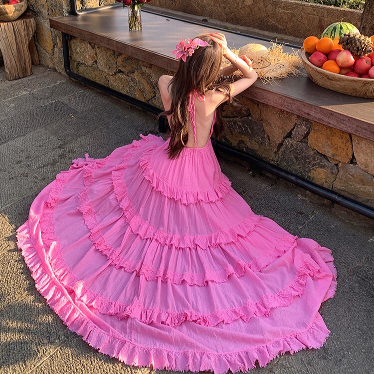 Tailand Seaside Vacation Cotton and Linen V-Neck Halter Dress for Women, Super Fairy-Like, Stunningly Beautiful, Sexy Backless Ruffled Long Dress