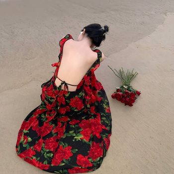 French retro chiffon floral dress female super fairy Sanya seaside travel vacation sexy big backless dress summer
