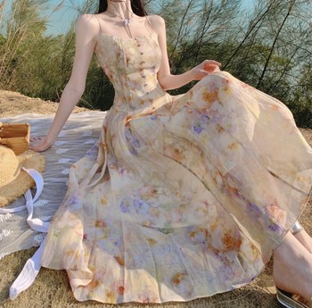 After the rain rose floral chiffon suspender dress summer 2023 new French holiday fairy photo long skirt
