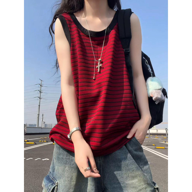 Red American-Style Striped Tank Top for Men and Women, Summer High-End Sleeveless Heavyweight T-Shirt for Outerwear, Fitness and Sports Vest Red American-Style Striped Tank Top for Men and Women, Summer High-End Sleeveless Heavyweight T-Shirt for Outerwear, Fitness and Sports Vest