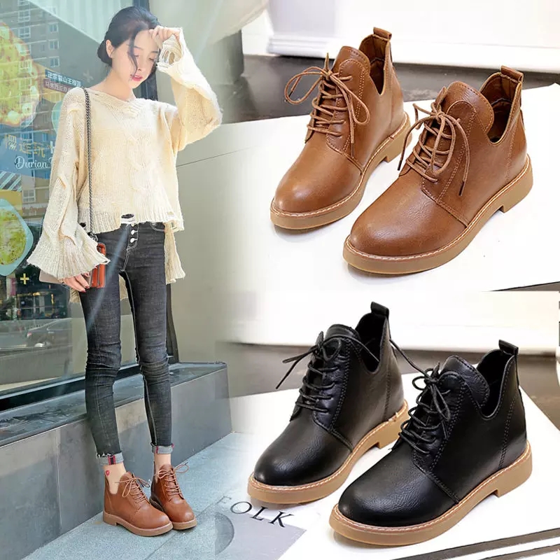 Giày bốt đế bằng nữ lớn Đông 2018 xuân và thu mới boot nữ cao cổ
