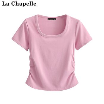 La chapelle/la chapelle summer ໃຫມ່ແບບງ່າຍດາຍບ່າຂວາສີ່ຫລ່ຽມຄໍຄໍ slim slim ເສື້ອທີເຊີດແຂນສັ້ນຂອງແມ່ຍິງເທິງ