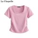 La Chapelle/La Chapelle summer ໃຫມ່ແບບງ່າຍດາຍບ່າຂວາສີ່ຫລ່ຽມຄໍຄໍ slim slim ເສື້ອທີເຊີດແຂນສັ້ນຂອງແມ່ຍິງເທິງ