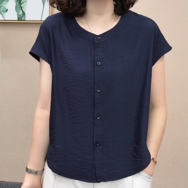 Summer New Style for Middle-Aged Women, Ice Silk Cotton and Linen Short-Sleeved Shirts, Fashionable, Simple, Loose, Large Size, Versatile Tops for Young People