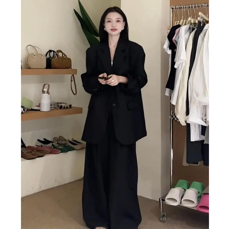 Korean Style Casual Suit Set for Women 2026 Spring and Autumn New High-End Loose Black Blazer Jacket Wide-Leg Pants Korean Style Casual Suit Set for Women 2026 Spring and Autumn New High-End Loose Black Blazer Jacket Wide-Leg Pants
