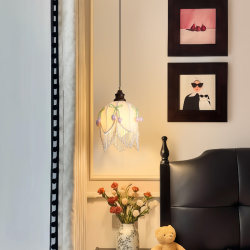 French-Style Pastoral Fabric Creative Tulip Fabric Bedside Small Pendant Lamp, Mid-Century Style Entryway Tassel Pendant Lamp