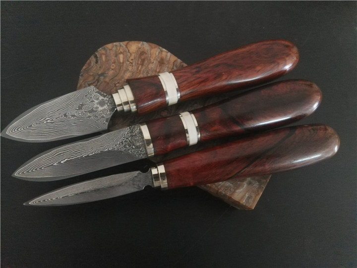 Set of three handmade knives tea knife tea cone tea needle Damascus Steel knife embryo selected yellow sandalwood handle
