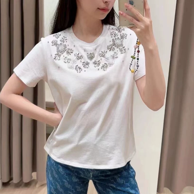 YuanQuality M Home Ранняя весна французский круглый ворот, простой повседневный свободный тяжелый индустриальный стразовый вышитый топ-комбинезон
