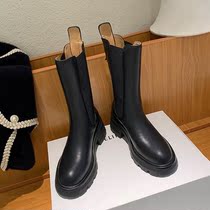  2021 new Chelsea booties womens thick-soled leather British style thick-heeled mid-tube cigarette tube thin Martin boots