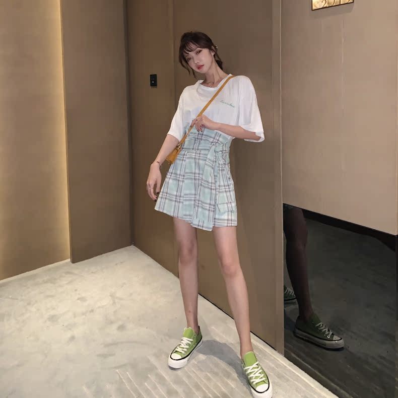 VK旗艦店 韓國風字母T格子披肩套裝短袖裙裝