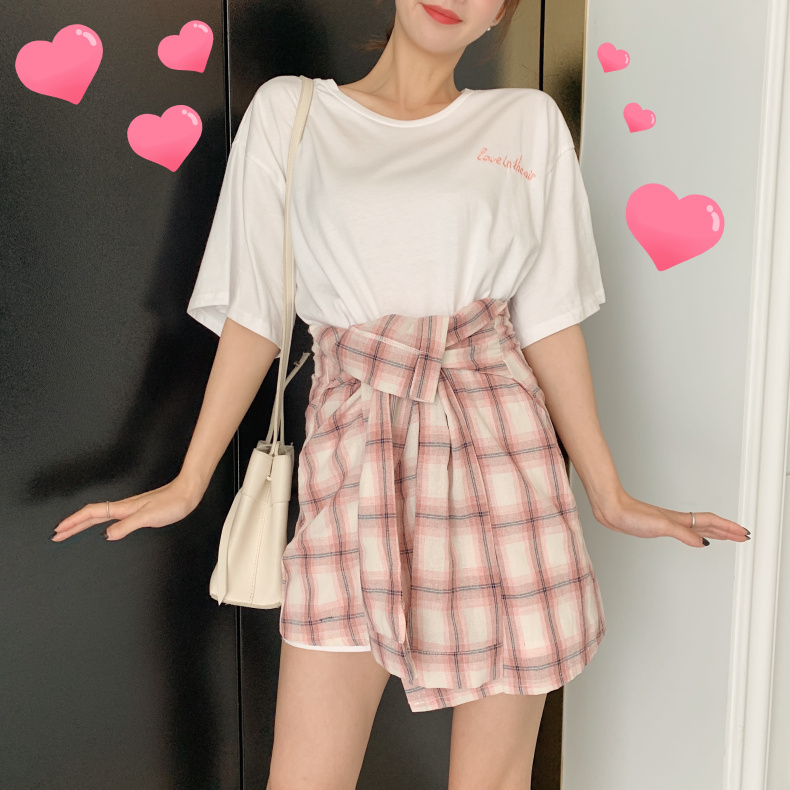 VK旗艦店 韓國風字母T格子披肩套裝短袖裙裝