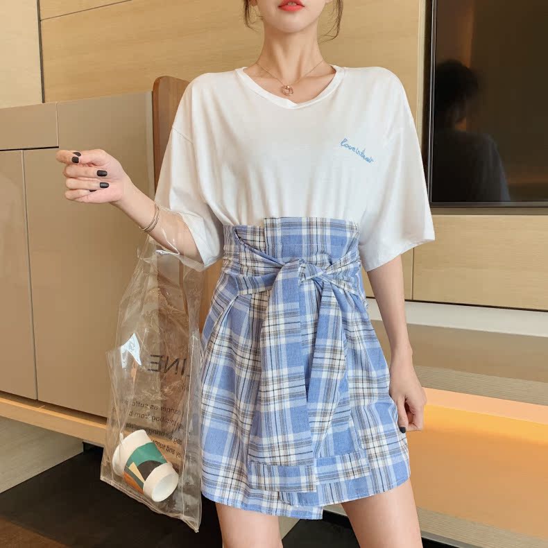 VK旗艦店 韓國風字母T格子披肩套裝短袖裙裝