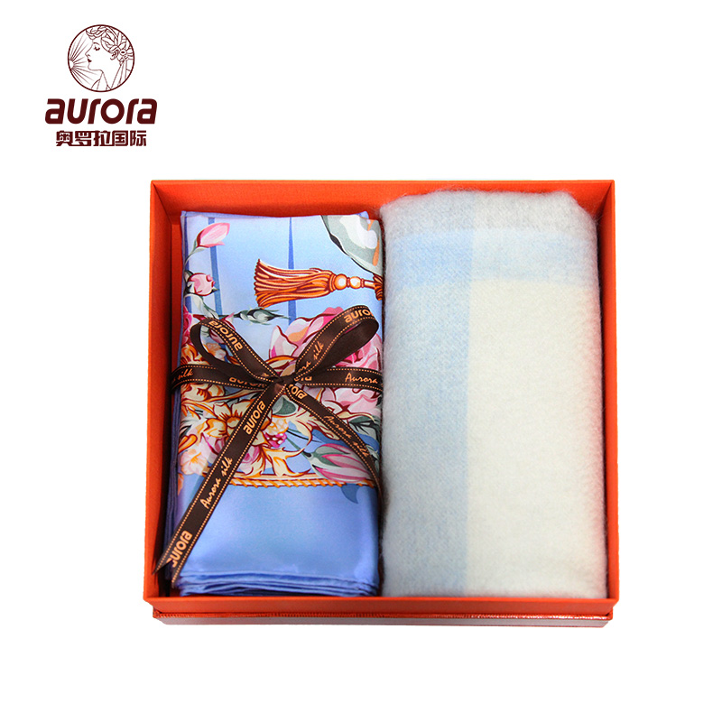 奥罗拉aurora表白天鹅丝巾+天蓝格羊绒围巾套装