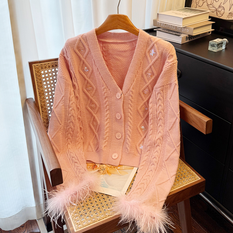Pink V Neck Sequined Feather Cuff Decorated Knitted Cardigan for Women 2025 Winter Fashionable Short Outwear Top