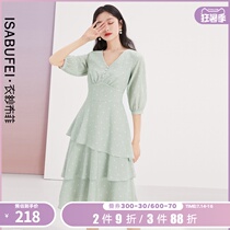 Green soft wave dot cake dress dress summer 2021 new gentle wind five-point sleeve v-neck Chiffon long dress for women
