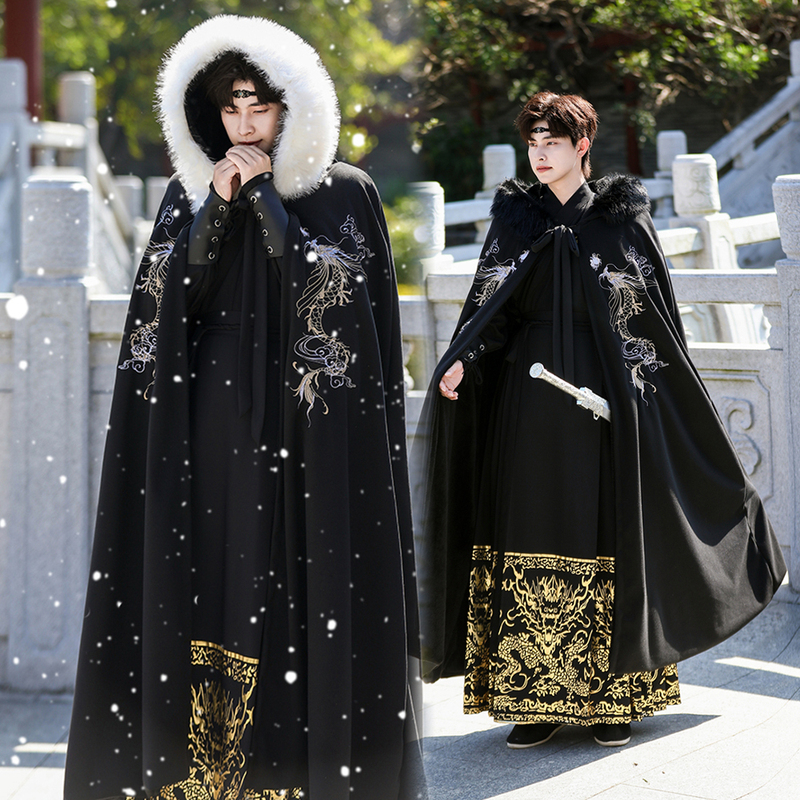 Original Dragon Pattern Heavy Embroidery Fleece-Lined Thick Hooded Cape with Large Fur Collar, Long Traditional Chinese Style Jacket for Men Original Dragon Pattern Heavy Embroidery Fleece-Lined Thick Hooded Cape with Large Fur Collar, Long Traditional Chinese Style Jacket for Men