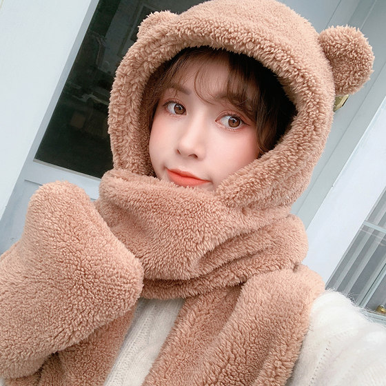 Autumn and winter women's hat, scarf and gloves three-piece set cute student warm thickened plush bear scarf